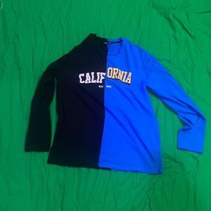 Half blue and bald black shein california shirt